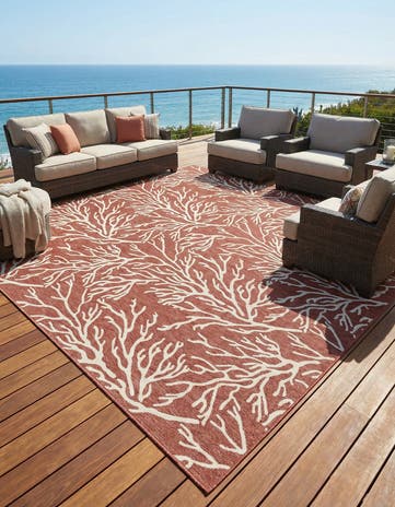 Rust Red Easy-Clean Coastal Indoor / Outdoor Square Rug
