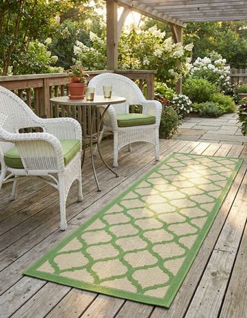 Beige and Green Easy-Clean Lattice Indoor / Outdoor Runner Rug