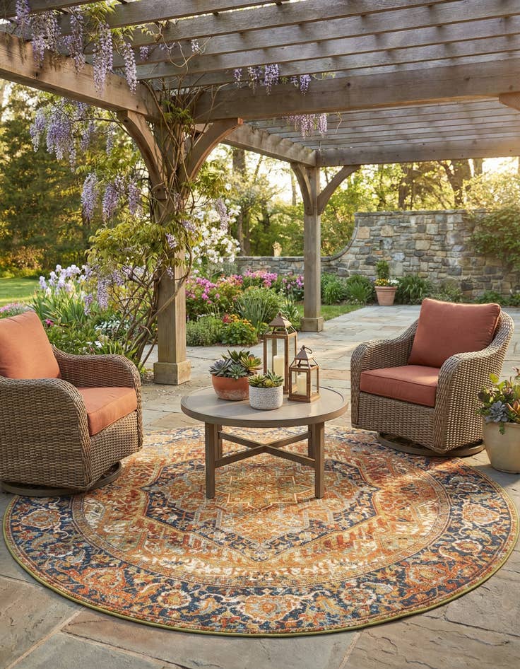 Detail image of 7' 10 x 7' 10  Washable Traditional Indoor / Outdoor Round Rug