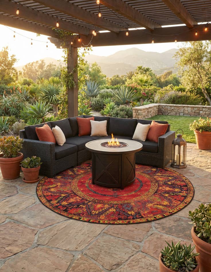 Detail image of 7' 10 x 7' 10 Easy-Clean Tribal Indoor / Outdoor Round Rug