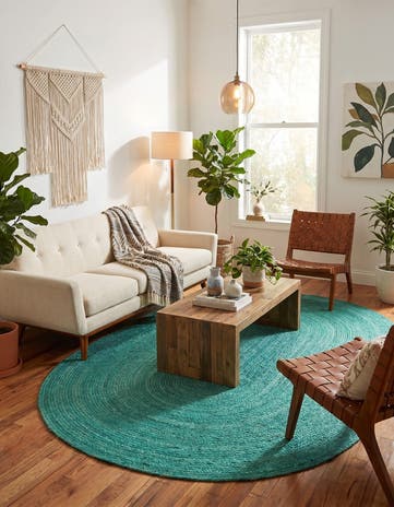 Turquoise Handmade Braided Jute Oval Rug