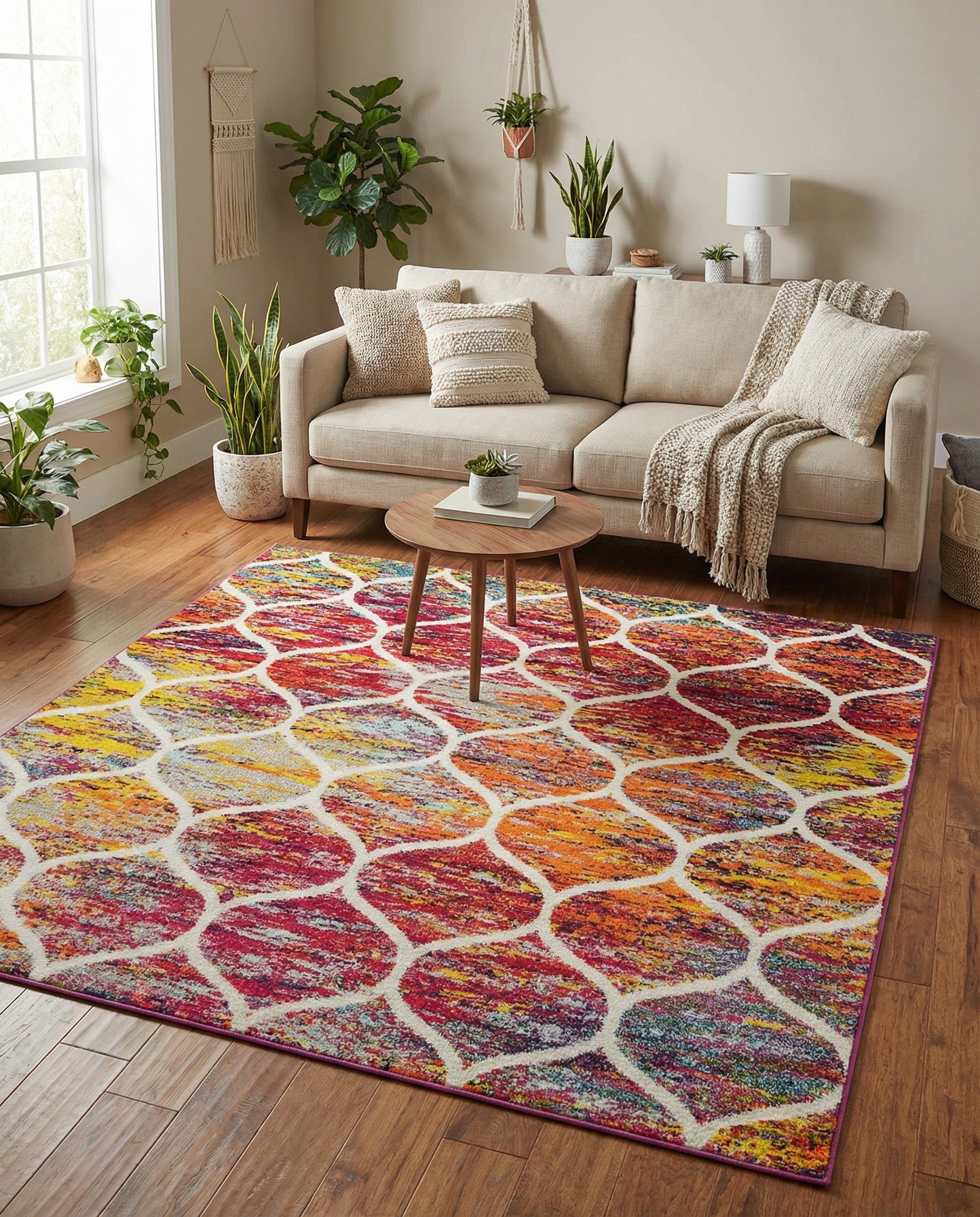 A vibrant 6x6 square multi-colored modern trellis rug with a thin pile, featuring an abstract distressed pattern.