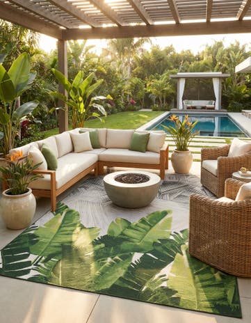 Black and Green Easy-Clean Botanical Indoor / Outdoor Rug