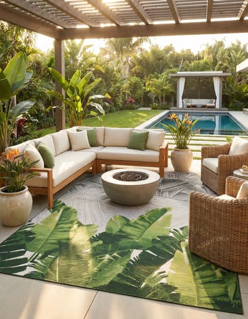 Black and Green Easy-Clean Botanical Indoor / Outdoor Rug