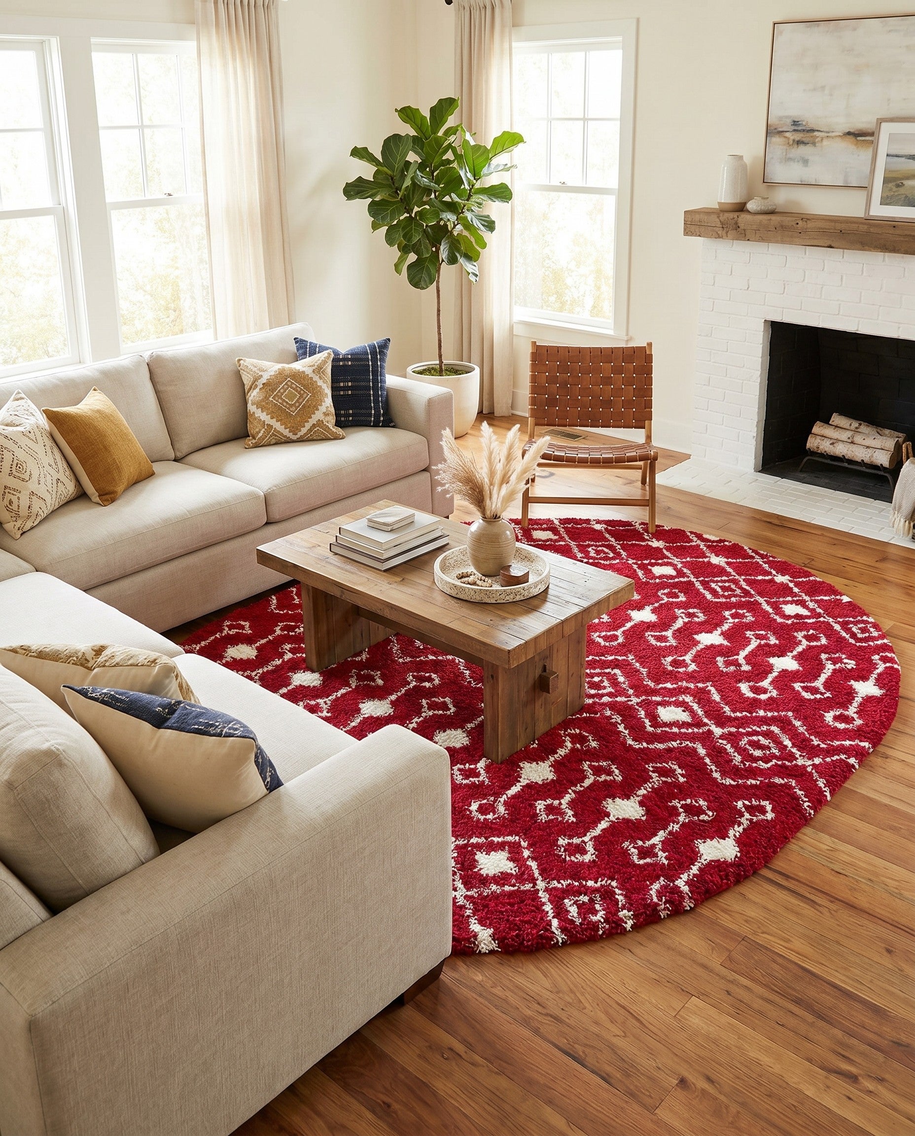 Burgundy Red Moroccan Trellis Shag Oval Rug