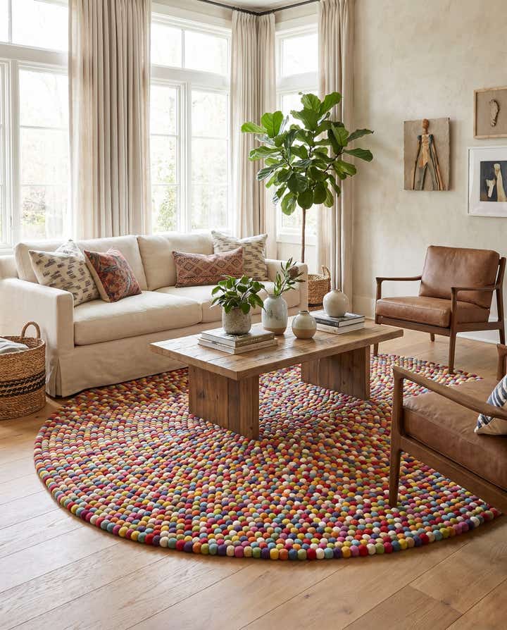 7' 10 x 7' 10 Felt Ball Wool Round Rug