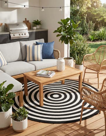Black and White Easy-Clean Eco Verse Washable Indoor / Outdoor Round Rug