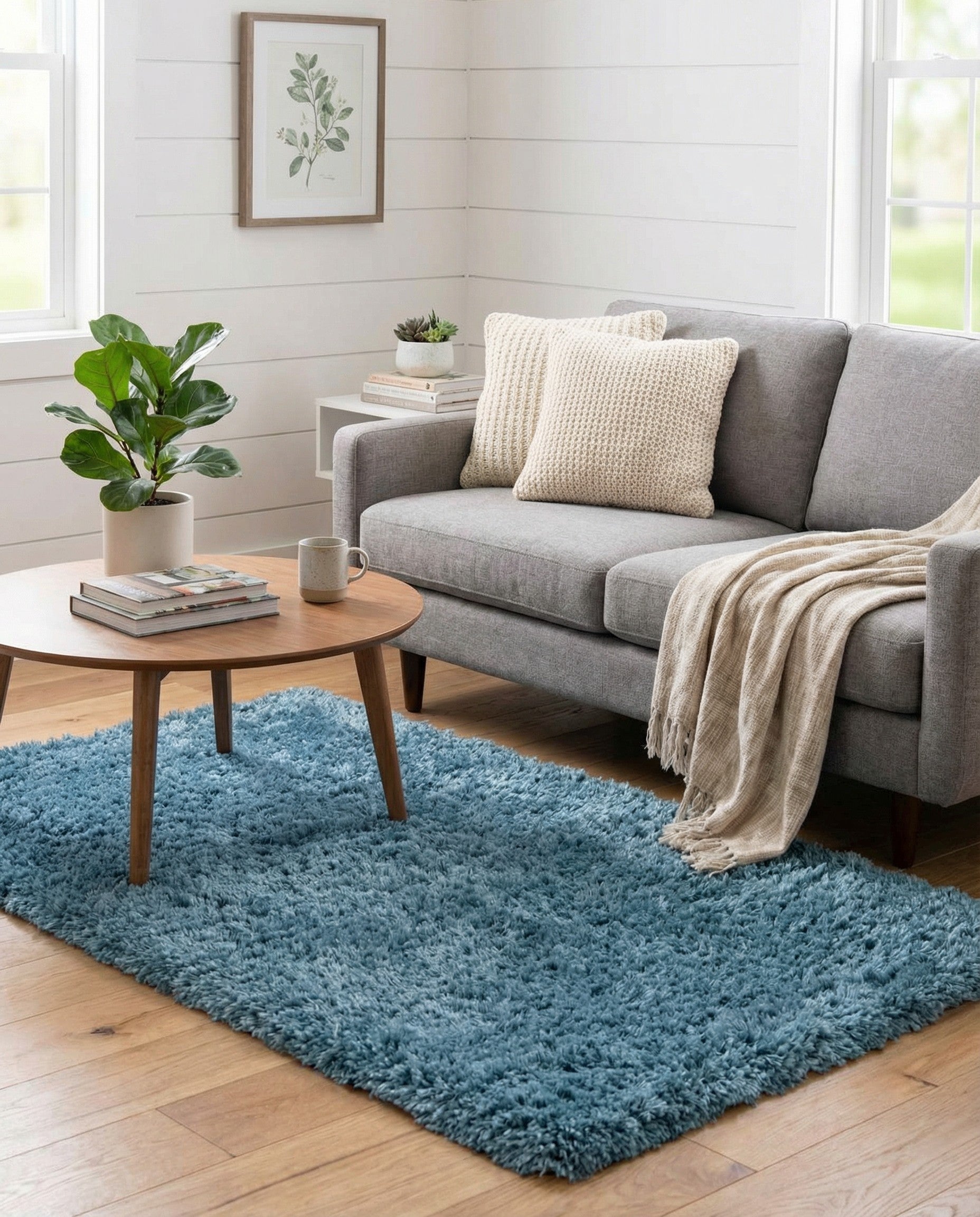 A rectangular 3x5 blue shag rug with a thick, plush, textured pile, perfect for adding comfort to any indoor space.