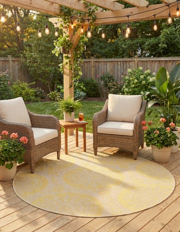 Yellow Easy-Clean Botanical Indoor / Outdoor Round Rug