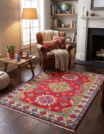 3' 4 x 4' 10 Hand Knotted Kazak Rug