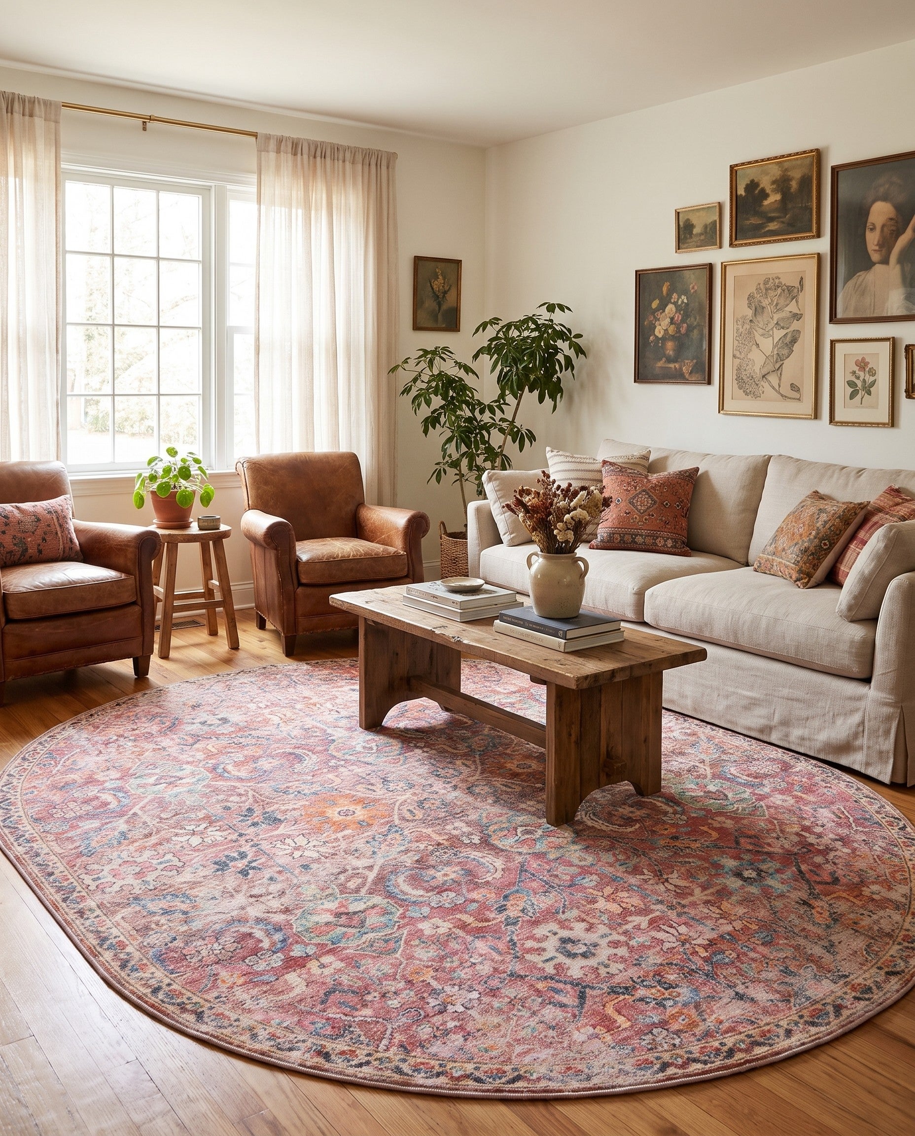 Ivory and Pink Washable Nostalgia Oval Rug