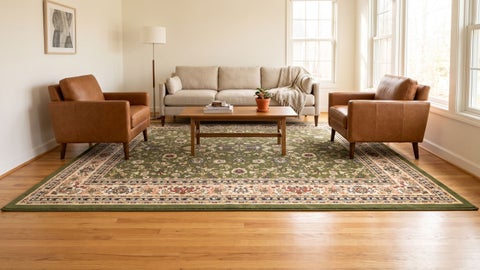 Green floral traditional rug with a cream border under a wooden coffee table, between two tan leather armchairs and a sofa
