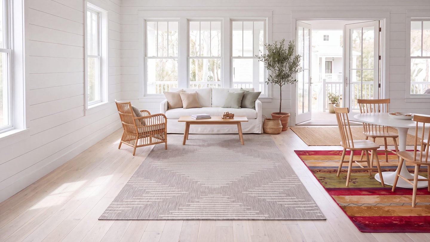 A bright room styled with rugs from the Outdoor Modern collection