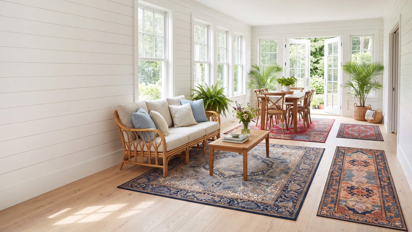 A bright room styled with rugs from the Outdoor Traditional collection