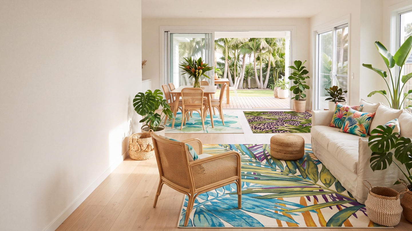 A bright room styled with rugs from the Outdoor Botanical collection