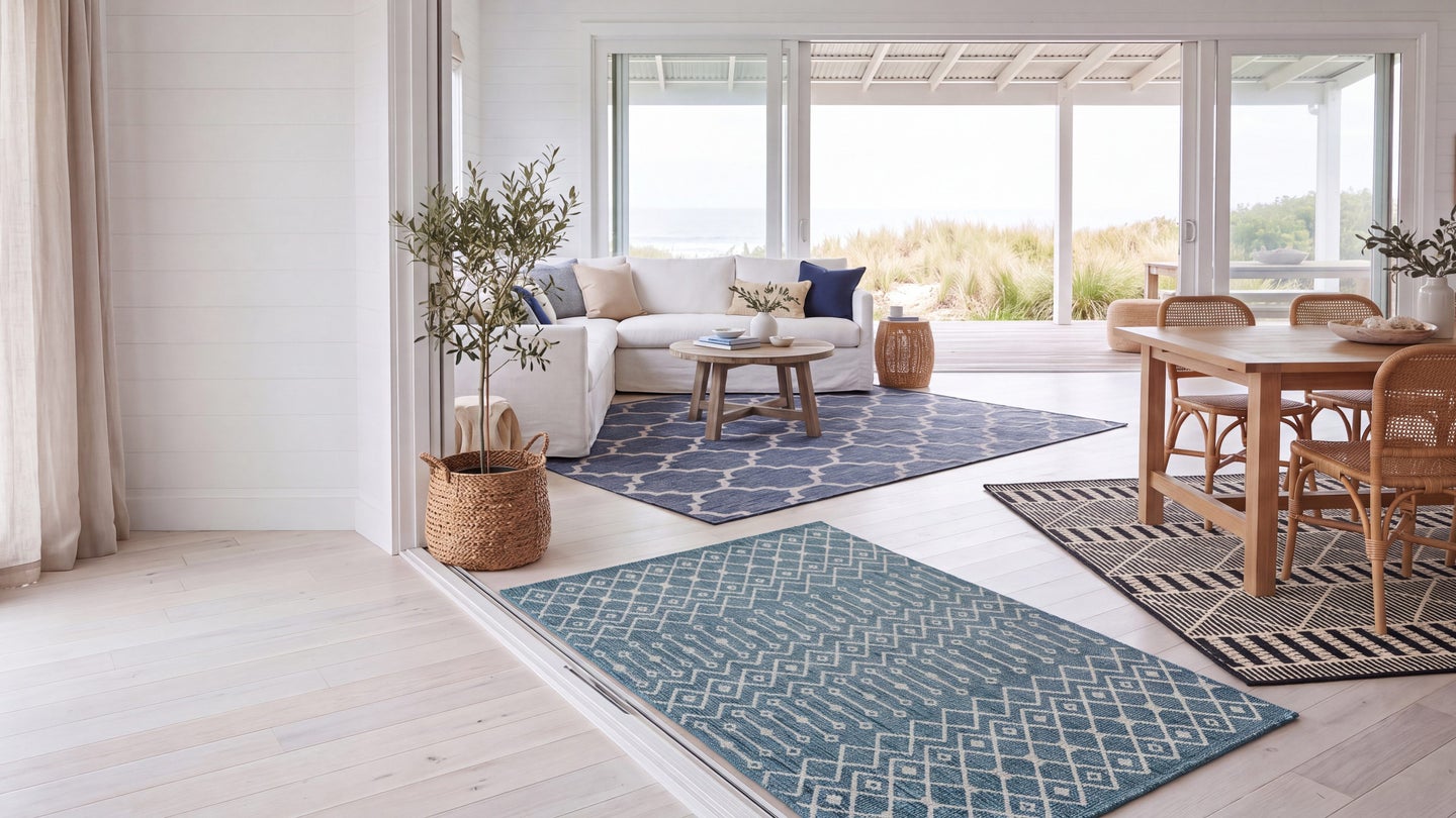 A bright room styled with rugs from the Outdoor Lattice collection
