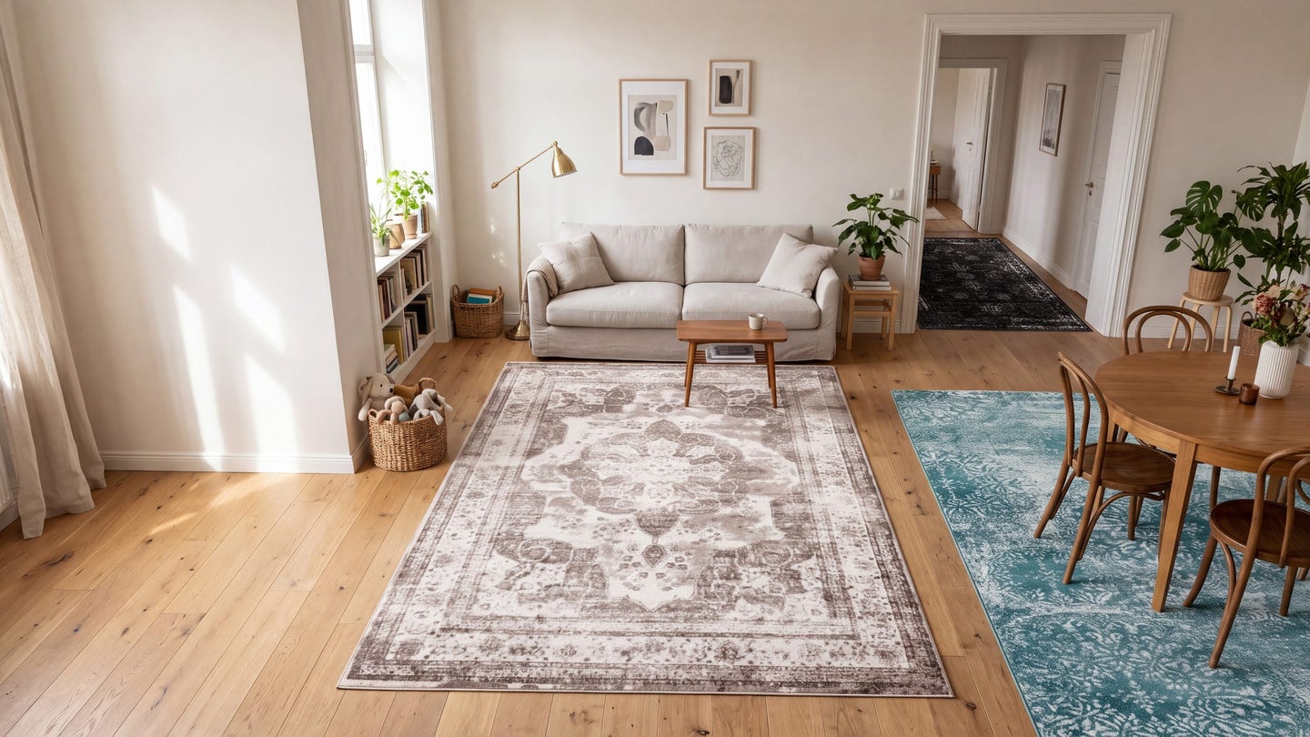 A bright room styled with rugs from the Monte Carlo collection