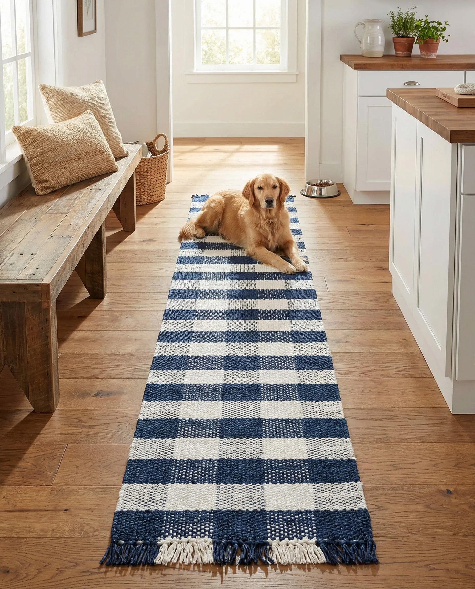 Dog lying on washable rug runner