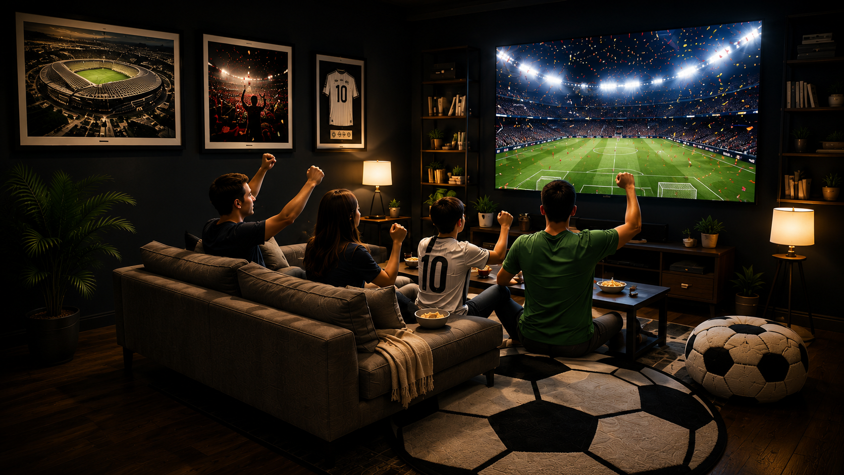 Family watching World Cup on TV with soccer ball rug